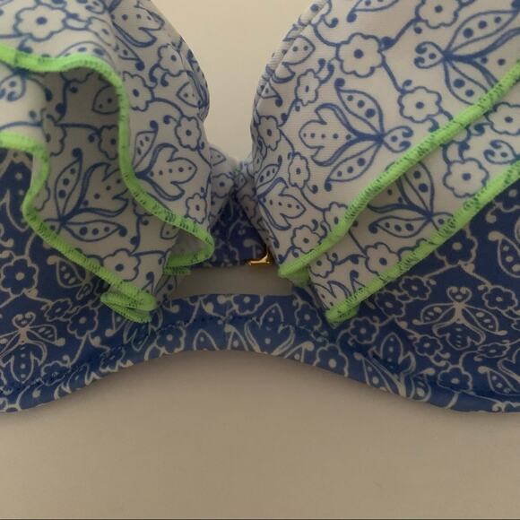 Victoria's Secret Women's Strapless Ruffle Bandeau Bikini Top Blue White SZ 34C - Picture 2 of 9